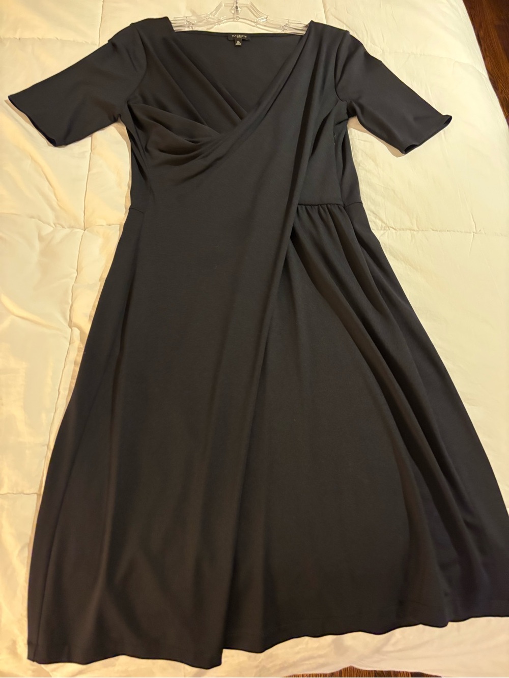Talbots Black Faux-Wrap Midi Dress with Elbow Sleeves